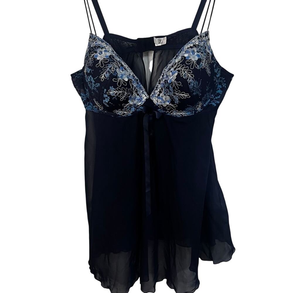 Enchanted Sheer Babydoll Chemise | Blue Floral Silver Embroidered | Size 4X
